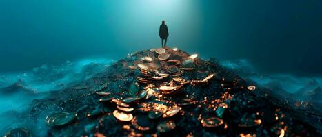 AI generated Successful businessman on top of gold stack coins. Financial growth, strategy, investment and achieving new heights in the market. 3D render design. photo