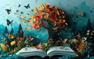 AI generated International book day concept with beautiful paper art forest and books. Literacy, education, eco life, knowledge, climate change. World earth day concept. Save the planet. photo