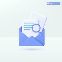 Envelope with documents and magnifying glass icon symbols. Navigation and finding information letter online email concept. 3D vector isolated illustration design. Cartoon pastel Minimal style.