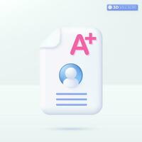 Certification Grade A Plus icon symbols. Results Card, School College report, Education concept. 3D vector isolated illustration design. Cartoon pastel Minimal style. For design ux, ui, print ad.