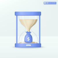 Hourglass and money bag icon symbols. accumulate, growth asset, Business financial Investment concept. 3D vector isolated illustration design. Cartoon pastel Minimal style. For design ux, ui, print ad