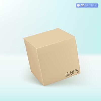 Realistic cardboard box icon symbols. Blank white cube product packaging paper cardboard box, carton packaging box mockup. 3D vector isolated illustration design. Cartoon pastel Minimal style.