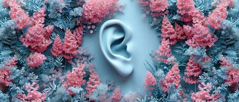 AI generated 3D render of human ear between a beautiful garden of flowers. Concept of healthy hearing, audition, deafness and feminity. World hearing day. photo