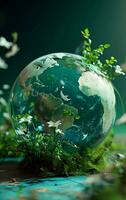 AI generated World earth day concept. Renewable green energy. Eco life. Enviroment protection. Save the world. Sustainable living. Cliamte emergency action. photo