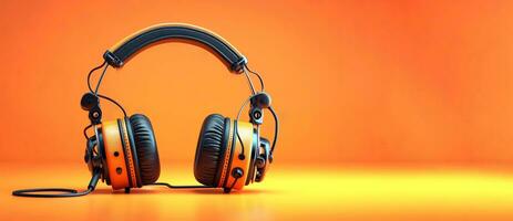 AI generated Studio shot of orange headphones over orange background with empty space for text. photo