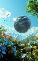 AI generated World earth day concept. Renewable green energy. Eco life. Enviroment protection. Save the world. Sustainable living. Cliamte emergency action. photo