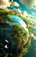 AI generated World earth day concept. Renewable green energy. Eco life. Enviroment protection. Save the world. Sustainable living. Cliamte emergency action. photo