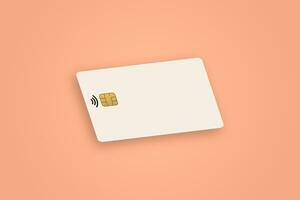 Realistic white credit card in Peach Fuzz color background. Credit card for mockup. 3D Rendering. Ilustration design with empty space for text or logo presentation. photo