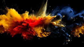 AI generated Splash of color paint on dark background. Abstract pattern for Holi festival day. Blue, orange and yellow specks over black background. AI Generated photo