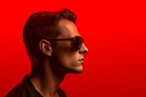 AI generated Studio portrait of handsome man in sunglasses standing on colour background photo