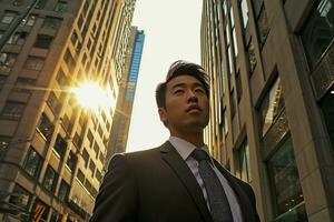 AI generated Portrait of asian businessman young man in black suit standing on downtown street photo