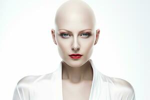 AI generated Studio portrait of beautiful bald woman on colour background photo