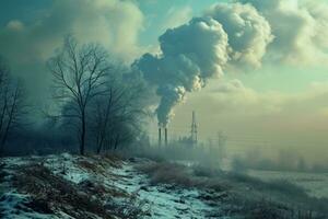 AI generated Image of factory pipes air polution to nature and environment photo