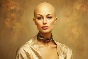 AI generated Studio portrait of beautiful bald woman on colour background photo