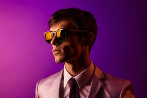 AI generated Studio portrait of handsome man in sunglasses standing on colour background photo