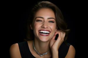 AI generated portrait of beautiful woman smiling and showing teeth on white background photo