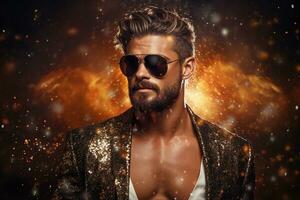 AI generated Studio portrait of handsome man in sunglasses standing on colour background photo