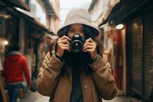 ai generado retrato de hermosa mujer fotógrafo haciendo calle foto con cámara en su manos