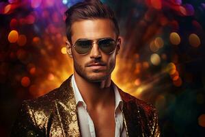 AI generated Studio portrait of handsome man in sunglasses standing on colour background photo