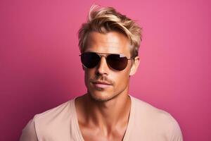 AI generated Studio portrait of handsome man in sunglasses standing on colour background photo