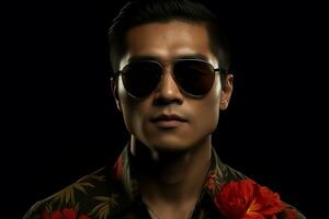 AI generated portrait of asian handsom man in sunglassess on colour background photo