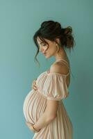 AI generated Portrait of beautiful young pregnant woman touching belly standing on colour background photo