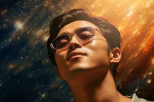 AI generated portrait of asian handsom man in sunglassess on colour background photo