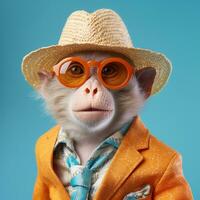 AI generated Cool monkey, wearing a straw hat and a funky stylish orange jacket photo