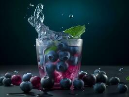 ai generado un vaso de refrescante arándano bebida con hielo cubitos, menta hojas, y un chapoteo de agua foto