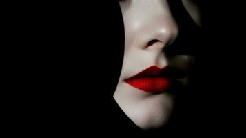 AI generated Closeup of pale white face of a woman with moist red lips emerging out of the black shadows photo