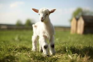 AI generated A young, white goat with patches of light brown on its fur, standing in a lush, green field blurr background photo