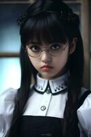 ai generado gótico japonés anime estilo mucama, hermosa ojos, vistiendo un blanco camisa con negro detalles y un negro chaleco foto