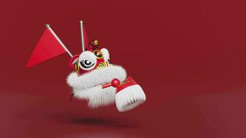 3d lion dance head with chinese drum, sticks, gold ingot for festive chinese new year holiday. 3d render illustration video