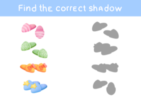 Find correct shadow of slippers. Educational game to Find 2 same objects. Choose correct answer. Printable worksheet, learning study page nursery childish activity for childrens books and magazines png