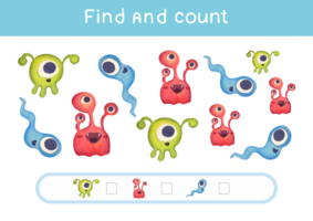 Find all cute Funny aliens, Count number and write right answer. Space Adventures of Microbes, educational math game for preschool children. study methematics page, nursery childish activity png