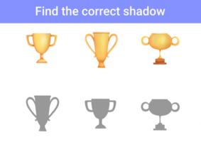 Find correct shadow of trophy cups. Educational game Choose correct answer. Printable worksheet, learning study page nursery childish activity for childrens books and magazines png