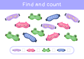 Count all sleeping mask, Count the number and write right answer into box. Math game for preschool kids. cartoon Counting children game. educational nursery activity, study methematics page, worksheet png