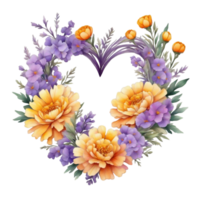 AI generated heart wreath made of purple flowers png