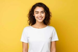 AI generated woman wearing white t-shirt mockup on yellow background photo