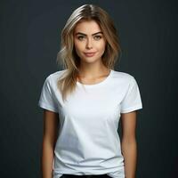 ai generado un hermosa joven mujer en un blanco camiseta foto