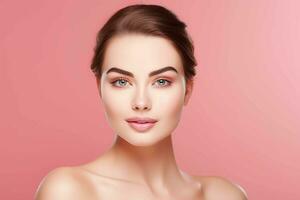 AI generated Beautiful face of young woman with perfect health skin, spa concept, pink background photo