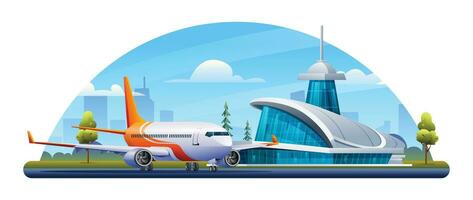 International airport building with airplane and city landscape vector cartoon illustration