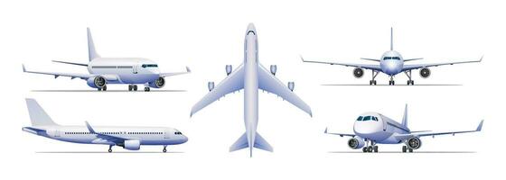 Set of airplane in different views vector illustration. Aircraft isolated on white background