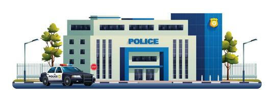 Police station building with patrol car. Police department office. Vector cartoon illustration