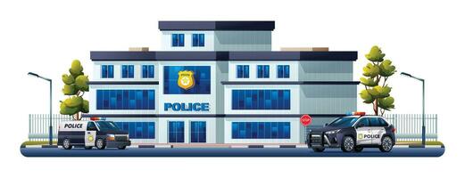 Police station building with patrol cars. Police department office. Vector illustration