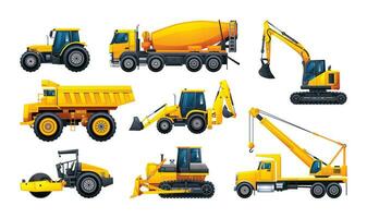 Collection of heavy machinery construction vehicles isolated on white background vector