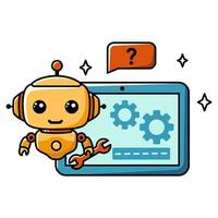 Using AI in customer service. Chat bot assistant for online applications. Cartoon vector concept illustration.