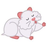 White hamster stretches and yawns cute cartoon doodle illustration. Happy pet. vector