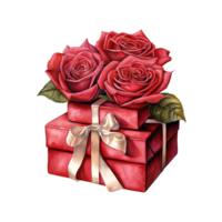 ai generiert rot Rosen auf ein rot Geschenk Box mit ein Bogen. ai generiert Bild png