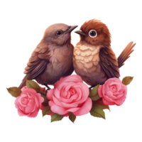 ai generado dos aves en un rama con rosas. ai generado imagen png